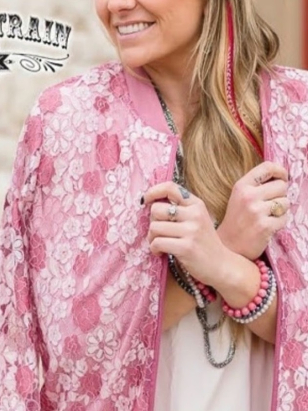 Crazy Train Pink Floral Lace Bomber Jacket Sm